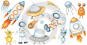 Astronaut, cosmonaut in helmet, Space rocket, Flying saucer UFO, Spaceship start, cartoon alien, satellite, Unidentified