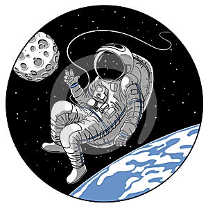 Astronaut or cosmonaut in open space vector sketch illustration
