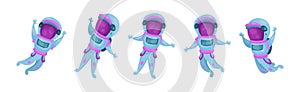 Astronaut or Cosmonaut in Spacesuit Floating in Outer Space Vector Set