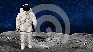 Astronaut or cosmonaut in the universe standing on the moon or planet surface. Element of image kindly provided by NASA
