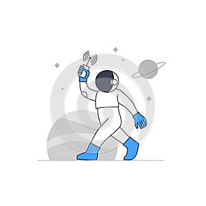 Astronaut or cosmonaut walking at planet exploration with phone communication for bad gateway error empty state illustration