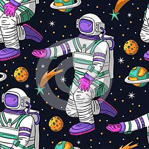 Astronaut cosmos seamless space vector pattern
