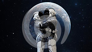 Astronaut couple embracing in space with a breathtaking view of Earth in the background, symbolizing love and companionship in the