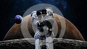 Astronaut couple embracing in space with a breathtaking view of Earth in the background, symbolizing love and companionship in the