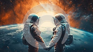 Astronaut couple holding each other's hands on space sky background, imagination of love passion fantasy. Generative