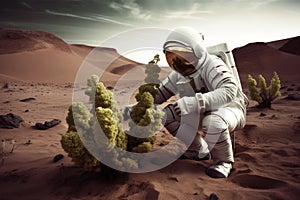 Astronaut cultivating vegetation on an extraterrestrial world