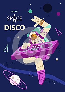 Astronaut dance and play music on DJ mixing console on disco party in flat