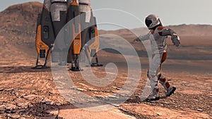 Astronaut dancing on Mars red planet. Exploring Mission To Mars. Futuristic Colonization and Space Exploration Concept. Colony on