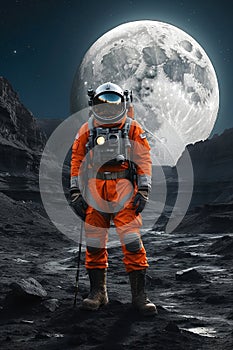 Astronaut in the Deep Space. Full Moon. AI generated