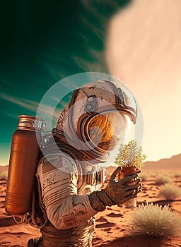 Astronaut in a desert holding a plant plot. Concept: global warming, climate crisis, eco-friendly, Sustainable Development.