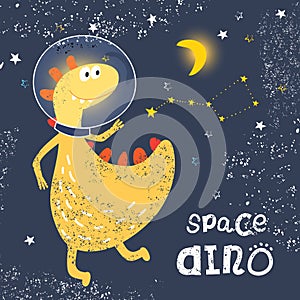 Astronaut dinosaur in a spacesuit in space. The Constellation URSA Minor. Space grunge texture. Vector for children`s design
