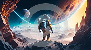 astronaut discovering a new planet full of life, spaceship in the background, planets in the voids of space in the sky, AI photo