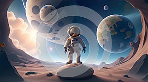 astronaut discovering a new planet full of life, spaceship in the background, planets in the voids of space in the sky, AI photo