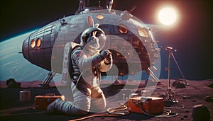 Astronaut dog posing in front of lunar lander on moon photo
