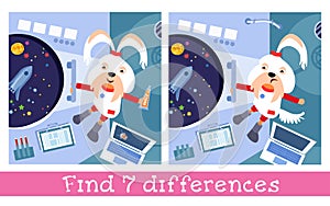 Astronaut dog with tube of juice on space station. Find 5 differences. Game for children. Characters in cartoon style