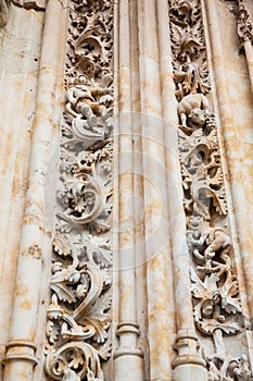 Astronaut, dragon and bull carved on the facade of the historical Salmanca Cathedral