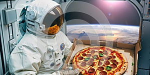 An astronaut in earth orbit holding a box of pizza. An illustration on the topic of delivering food or pizza wherever you go