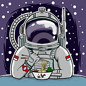 Astronaut eating mie ayam or chicken noodles illustration