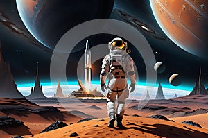 Astronaut Embarks on a Voyage to an Uncharted Planet - Spacecraft Hovering Above an Alien Landscape