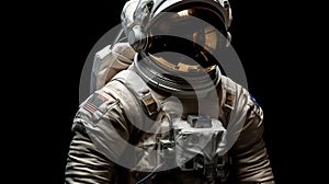 The astronaut is encased in a bulky white space suit in outer space outside the spaceship