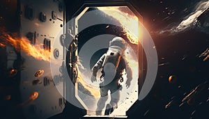 astronaut escape from a doomed ship, digital art illustration, Generative AI