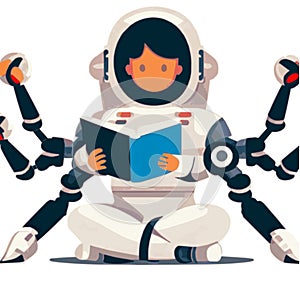 Astronaut exoskeleton with six robotic arms reading book seated vector photo