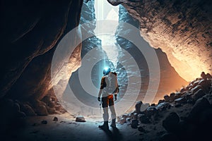 astronaut exploration in a cave, expedition adventure. Generative AI