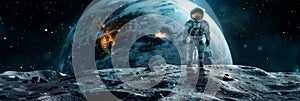 Astronaut explores moon, earth s majestic rise exemplifies human space exploration achievements photo
