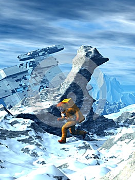 Astronaut exploring an alien planet after a crash landing, wreck, snow and mountains in the background, 3d illustration