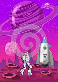 Astronaut exploring alien planet rocket. Cosmonaut scientific traveler character on a rocky surface in far galaxy