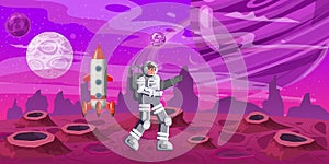 Astronaut exploring alien planet rocket. Cosmonaut scientific traveler character on a rocky surface in far galaxy
