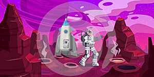 Astronaut exploring alien planet rocket. Cosmonaut scientific traveler character on a rocky surface in far galaxy