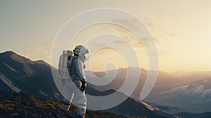 Astronaut exploring an exoplanet. Sci-fi colonist in spacesuit walks on the surface of another planet. People in space
