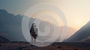 Astronaut exploring an exoplanet. Sci-fi colonist in spacesuit walks on the surface of another planet. People in space