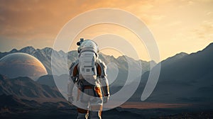 Astronaut exploring an exoplanet. Sci-fi colonist in spacesuit walks on the surface of another planet. People in space photo