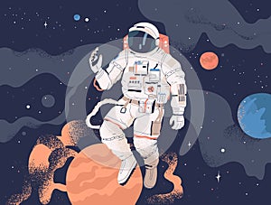 Astronaut exploring outer space. Cosmonaut in spacesuit performing extravehicular activity or spacewalk against stars