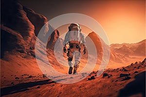 Astronaut exploring planet mars with mountains, created using generative ai technology