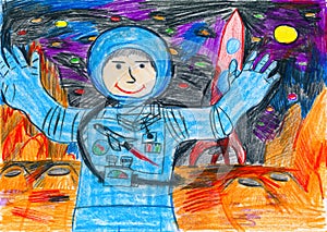 Astronaut exploring the red planet, space concept, child drawing on paper