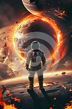 Astronaut Facing Cosmic Inferno. Generative ai