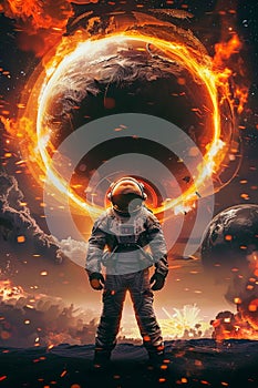 Astronaut Facing Cosmic Inferno. Generative ai