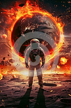 Astronaut Facing Cosmic Inferno. Generative ai