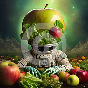 Kosmonaut zemědělec jablko a vegetarián helma na jeho vnější čerstvý úroda vygenerované 