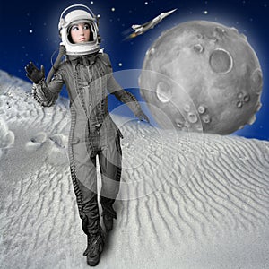 Astronaut fashion stand woman space suit helmet