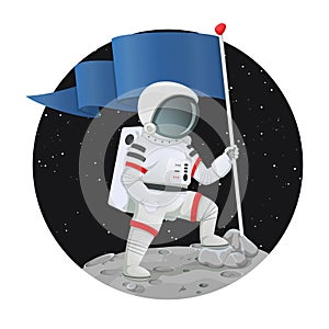 Astronaut with the flag triumphantly standing on the surface of a planet with dark space and stars in the background.