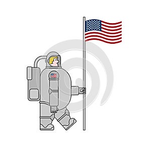 Astronaut and flag USA. Cosmonaut made in America. spaceman Vector illustration