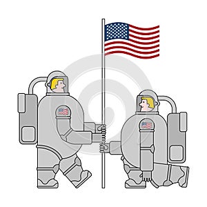 Astronaut and flag USA. Cosmonaut made in America. spaceman Vector illustration