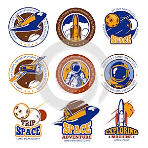 Astronaut flight, aviation, space shuttle and rockets vintage vector labels, logos, badges, emblems