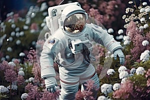 astronaut, floating among blooming flowers of enchanted garden