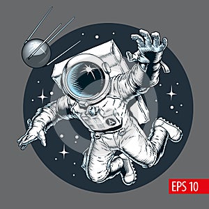 Astronaut floating and catches a satellite in outer space. Comic style vector illustration.