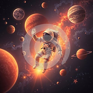 Astronaut floating in cosmic space surrounded by glowing planets